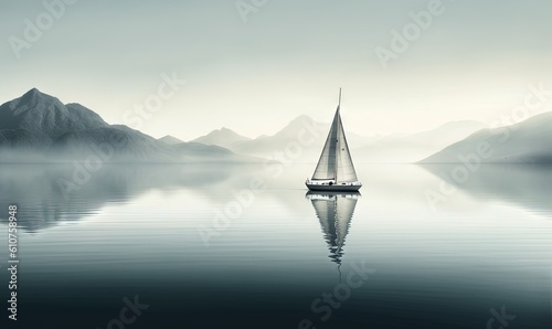  a sailboat floating on a calm lake with mountains in the background in a foggy day with a lone sailboat in the foreground. generative ai