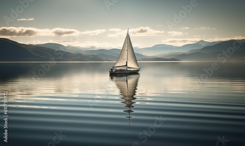 a sailboat floating on a lake with mountains in the background and a sunlit sky above the water with clouds in the sky above. generative ai