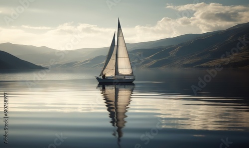  a sailboat sailing on a lake with mountains in the background and clouds in the sky over the water and the water surface is calm. generative ai