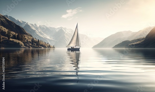  a sailboat on a lake with mountains in the background and a bright sun shining on the water in the foreground of the photo. generative ai