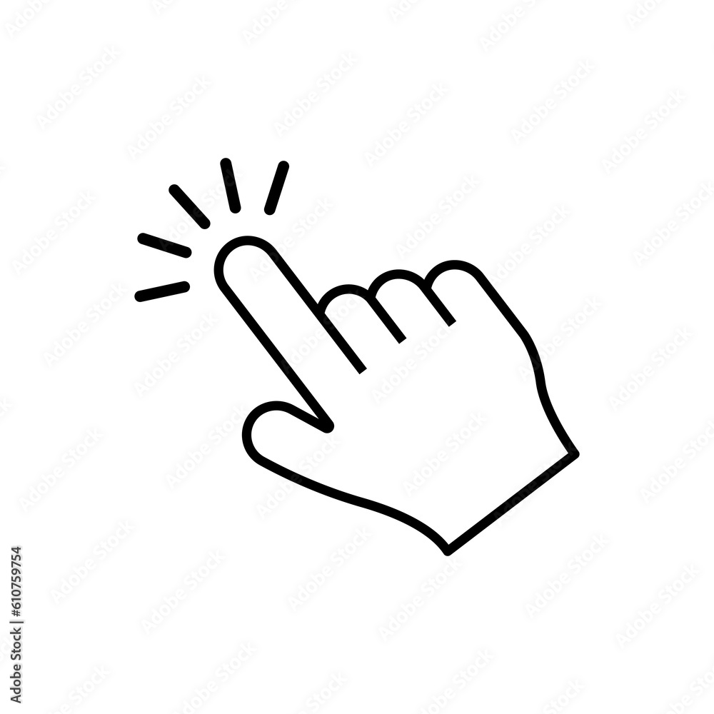 By clicking the finger icon, the hand points to the vector. Pointer click. Cursor arrow icon. Clicking a computer mouse. By clicking the finger icon, the hand points to the vector. Pointer click. Cursor arrow icon. Clicking a computer mouse.
