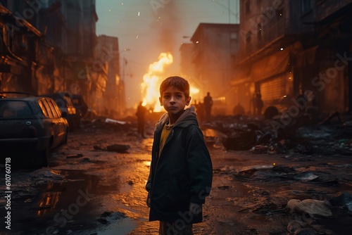 Kid walking on the street of a city destroyed by war. Ai generated.