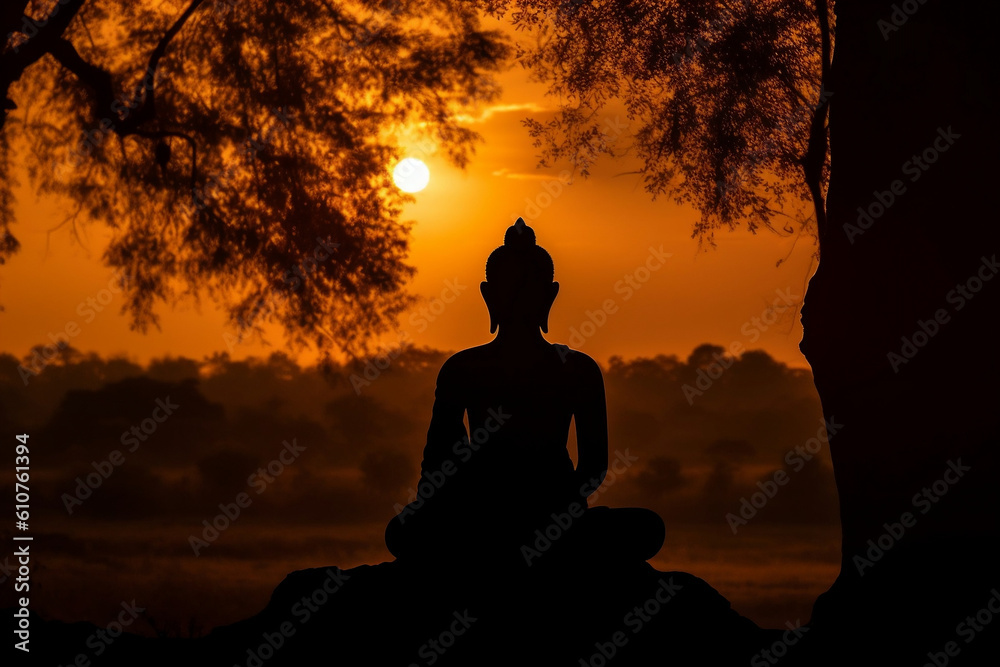 Shape of statue of Buddha in sunset or sunrise time. Zen spiritual ritual meditating white face of brown Buddha, dark background. Spiritual calmness and awakening. Religion concept. Generative AI.