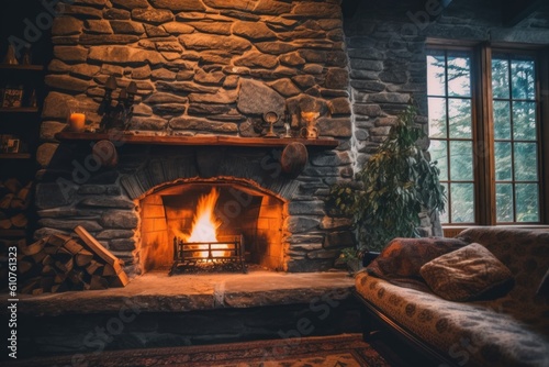 Fotografia A stone fireplace in a living room next to a couch