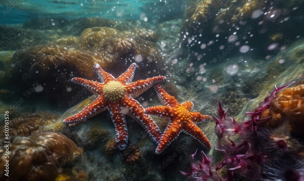 a couple of starfishs that are on a coral in the water with other corals in the water around them and some water bubbles in the background. generative ai a couple of starfishs that are on a coral in the water with other corals in the water around them and some water bubbles in the background. generative ai