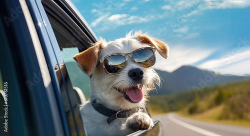 Dog travel by car. enjoying road trip. Tourism and travel concept background. Created with generative AI technology. © Татьяна Прокопчук