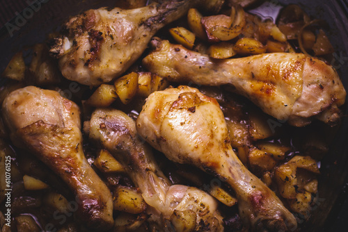 Juicy and tender chicken thighs with baked potatoes, homemade dinner.