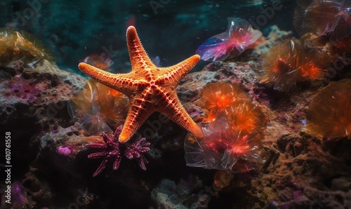  a starfish in an aquarium surrounded by plastic bags of seaweed and other sea life in the water, with a blue background of corals and seaweed.  generative ai