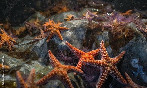 a group of starfishs on a rock in the ocean water with bubbles coming out of the top of the starfish s shells.  generative ai