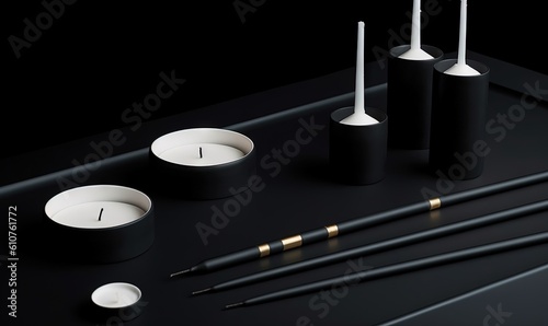  a black table topped with candles and bowls filled with candles and chopsticks next to a candle holder and a candle holder with two candles. generative ai