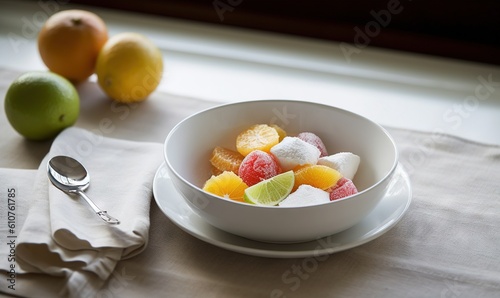  a bowl of fruit is sitting on a table with a spoon and a napkin next to it and a pair of fruit on a plate. generative ai
