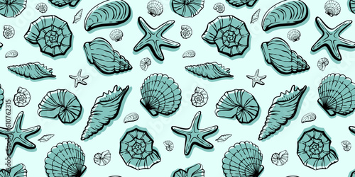 Seashell seamless pattern hand drawn art line underwater clums. Vector illustration in sketch vintage style. Great for card, package, wedding prints, decor.