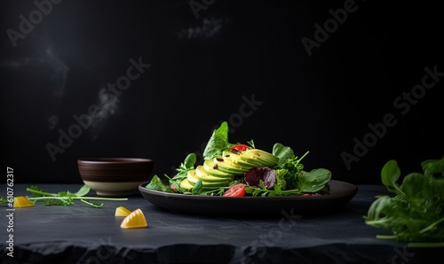  a plate of food with lettuce, tomatoes, and other vegetables on a black tablecloth with a wooden bowl of food nearby.  generative ai