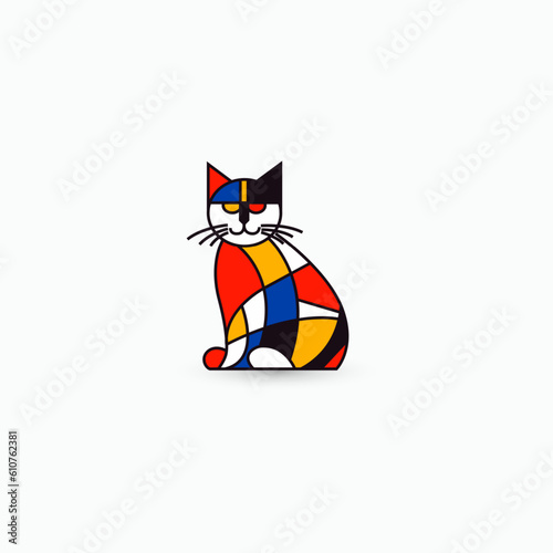 Vibrant abstract cat logo set in De Stijl style. Modern, flat design concept with geometric grid, primary colors. Branding, art, corporate identity. Simple, colorful, and eye-catching. Vector logo