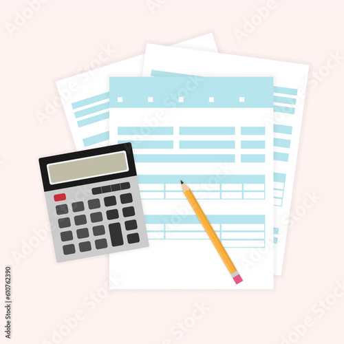 Paper document, pencil and calculator. Data analysis, statistics, auditing, research, accounting, blank, financial document or tax form filling, paperwork concept. Vector illustration