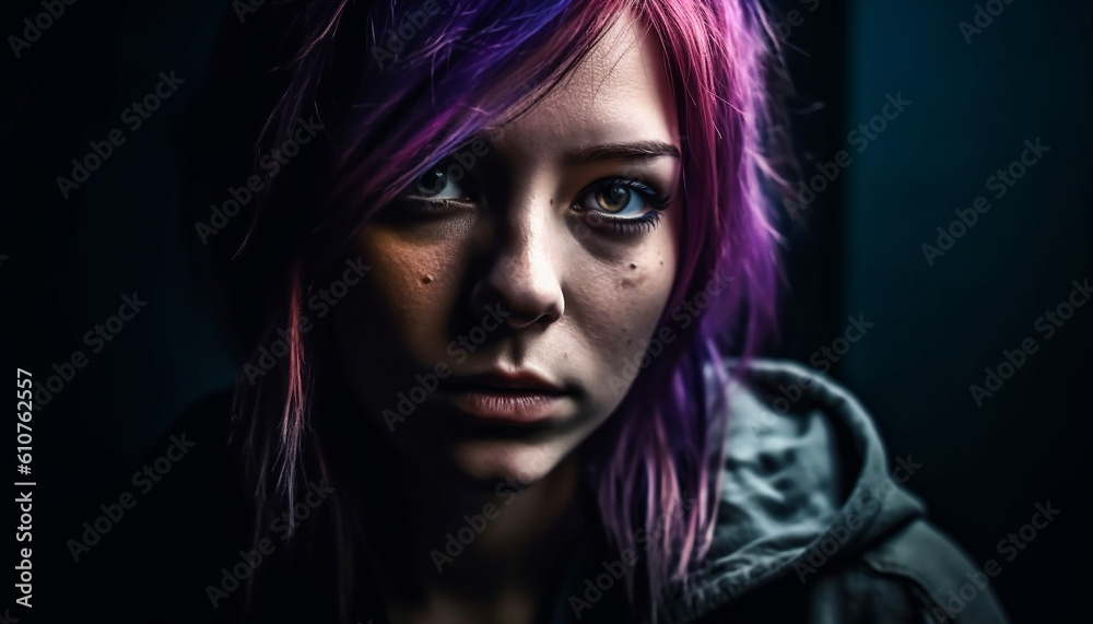 Beautiful young woman with purple hair staring into darkness generated by AI Beautiful young woman with purple hair staring into darkness generated by AI