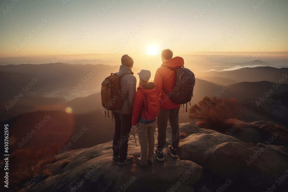 Family of three with backpack standing at the summit of mountain chase looking at a beautiful stunning amazing view of the ocean sunrise or sunset. Freedom and travel concept. Generative AI Technology