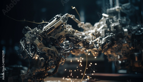 Metallic machinery turning steel in a complex manufacturing workshop generated by AI