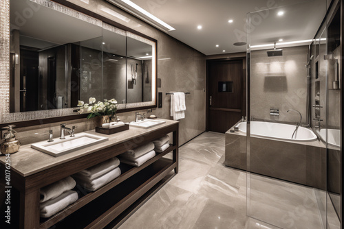 spacious bathroom with a modern bathtub, shower, and luxurious towels and bathrobes