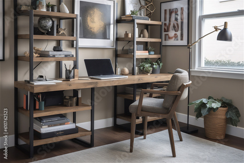 home office with a functional desk, comfortable chair, and bookshelves filled with books and decorative items