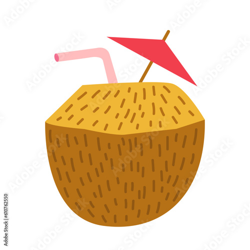 Vector pina colada in coconut with straw flat illustration