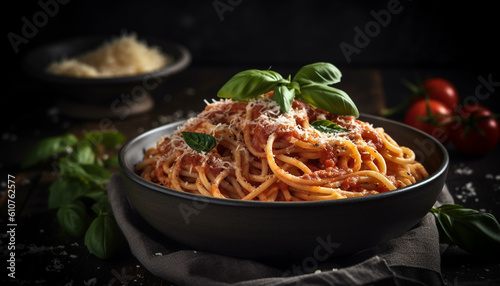 Freshly cooked pasta with bolognese sauce, parmesan cheese and herbs generated by AI
