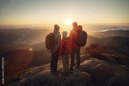 Family of three with backpack standing at the summit of mountain chase looking at a beautiful stunning amazing view of the ocean sunrise or sunset. Freedom and travel concept. Generative AI Technology