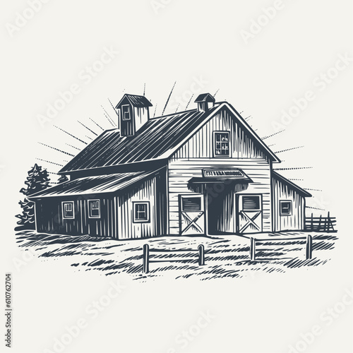 Hand drawn farm barn building illustration. Vintage woodcut engraving style vector illustration. 