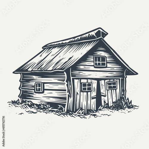 Hand drawn farm barn building illustration. Vintage woodcut engraving style vector illustration.	