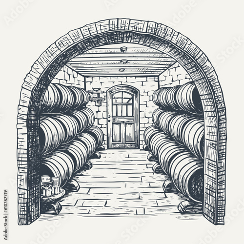 Wine cellar. Vintage woodcut engraving style vector illustration.	
