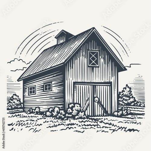 Hand drawn farm barn building illustration. Vintage woodcut engraving style vector illustration.	