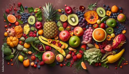 Vibrant collection of ripe  multi colored fruits and vegetables on table generated by AI