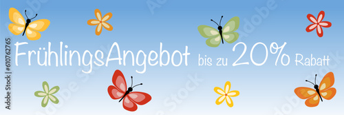 Frühlingsangebot bis zu 20% Rabatt - Schriftzug in deutscher Sprache. Verkaufsbanner mit einem Himmel voller Schmetterlingen und Blumen.