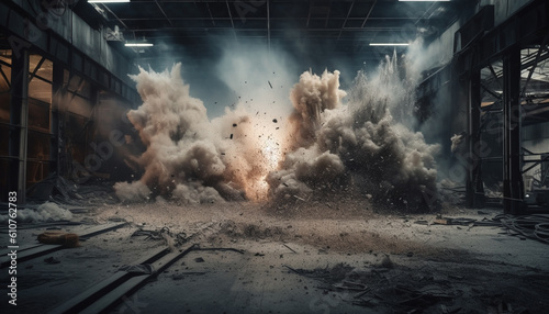 Ruined factory ablaze, inferno of burning steel and destruction generated by AI