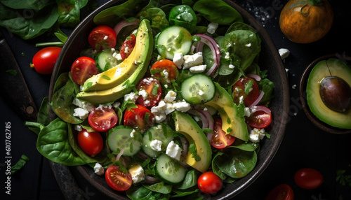 Healthy gourmet salad with fresh organic vegetables and mozzarella slice generated by AI