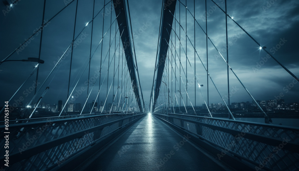 Modern steel bridge illuminates city skyline at twilight, reflecting water generated by AI
