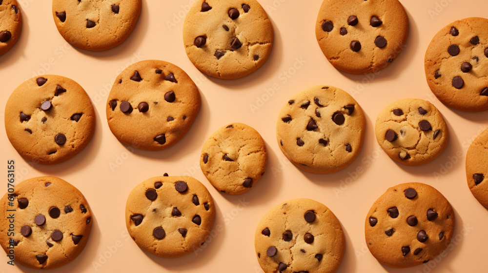 Flat lay of chocolate chip cookies. IA generative.
Flat lay of chocolate chip cookies. IA generative.