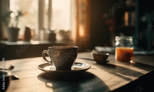  a coffee cup sitting on top of a wooden table next to a glass of orange juice and a plate with a spoon and fork on top of a wooden table. generative ai