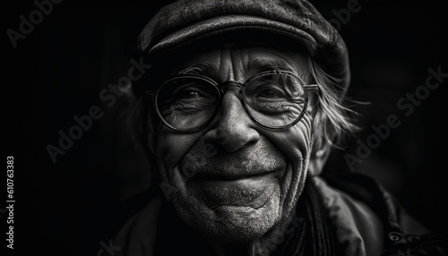 Smiling senior man with white hair exudes confidence and joy generated by AI