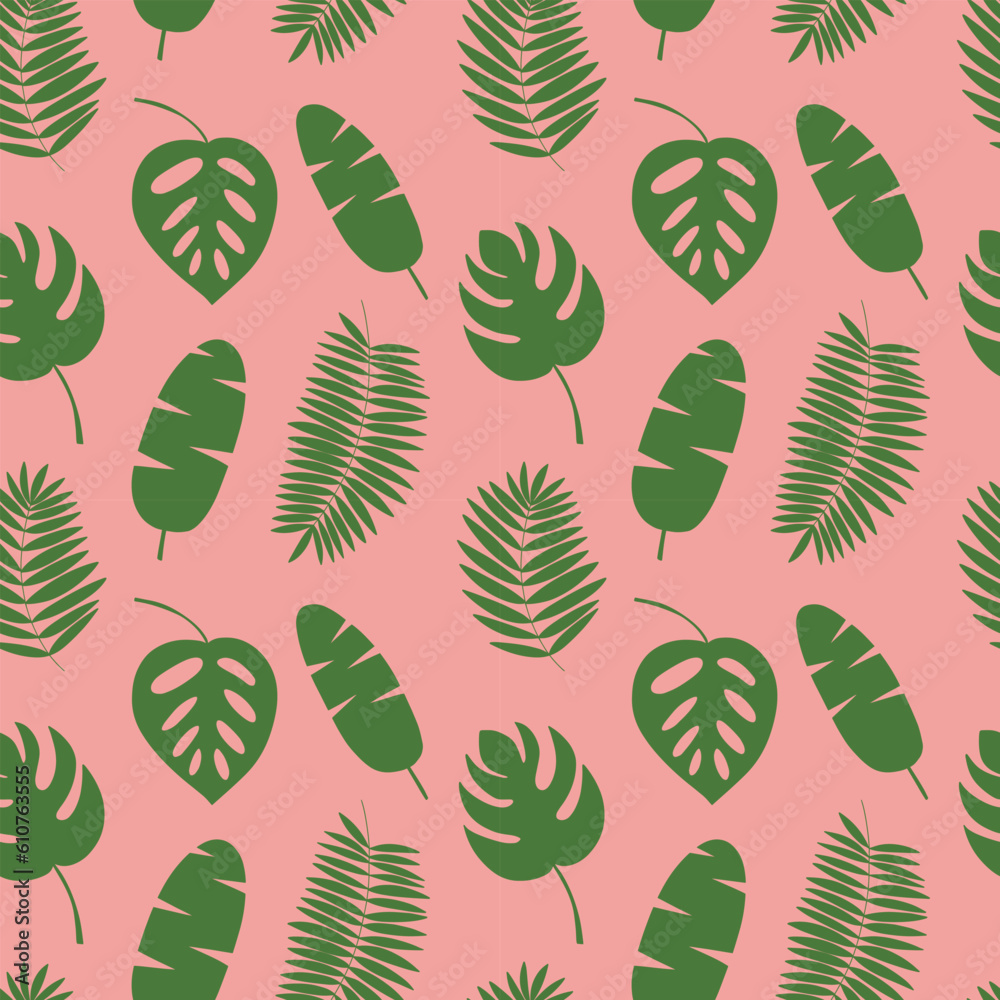 Vector tropical palm leaves seamless pattern. Monstera leaf and banana palm leaves on pink background Vector tropical palm leaves seamless pattern. Monstera leaf and banana palm leaves on pink background