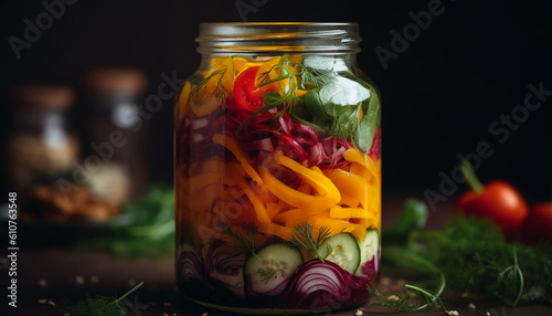 Fresh vegetable salad with cucumber, tomato, carrot, bell pepper, and parsley generated by AI