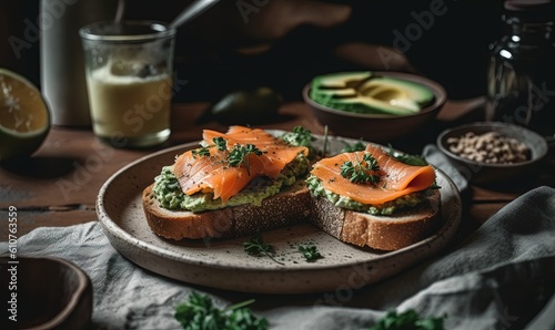 a plate of food with bread, avocado, and salmon on top of a table with a glass of milk and a spoon. generative ai