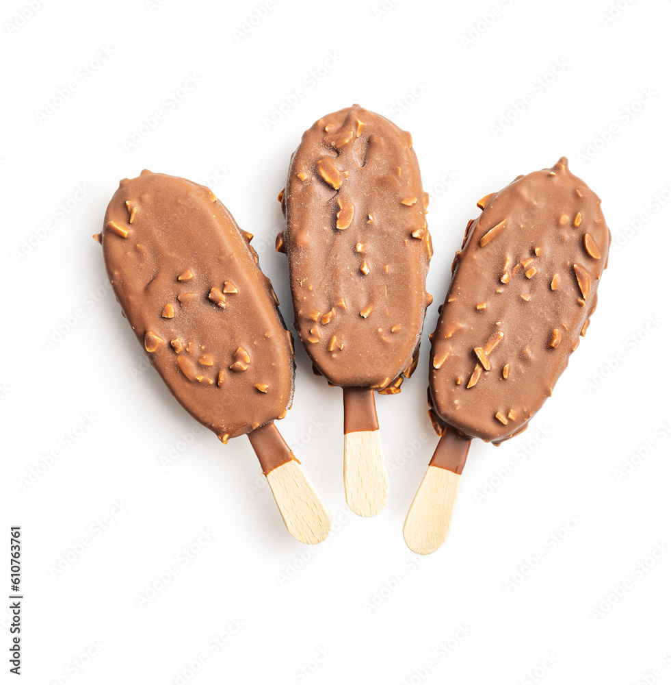 Popsicle, ice cream covered with chocolate isolated on white background. Popsicle, ice cream covered with chocolate isolated on white background.