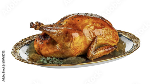 Roasted turkey on a transparent background. Thanksgiving, traditional dish. Generative AI.