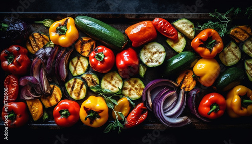 Grilled vegetable salad with multi colored bell peppers and fresh paprika generated by AI