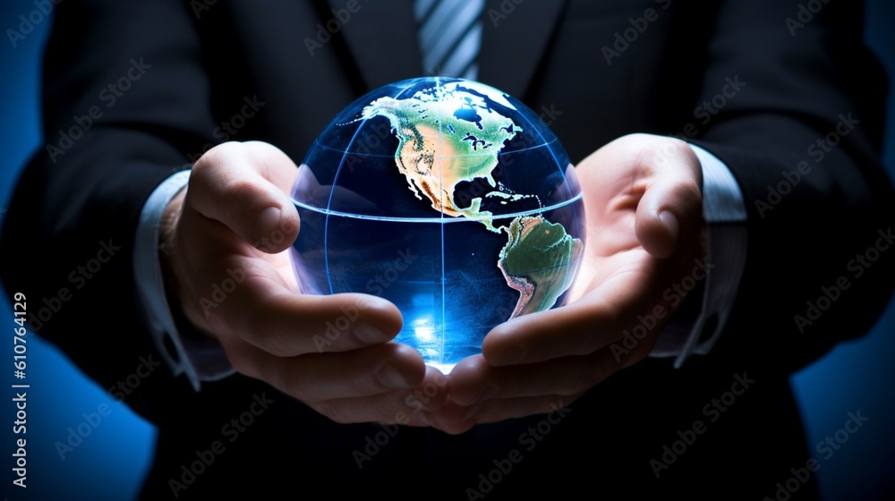 A businessman holds a global business globe, interconnected with a network, while focusing on digital marketing strategies and innovative solutions. Utilizing business development technology, this ind A businessman holds a global business globe, interconnected with a network, while focusing on digital marketing strategies and innovative solutions. Utilizing business development technology, this ind