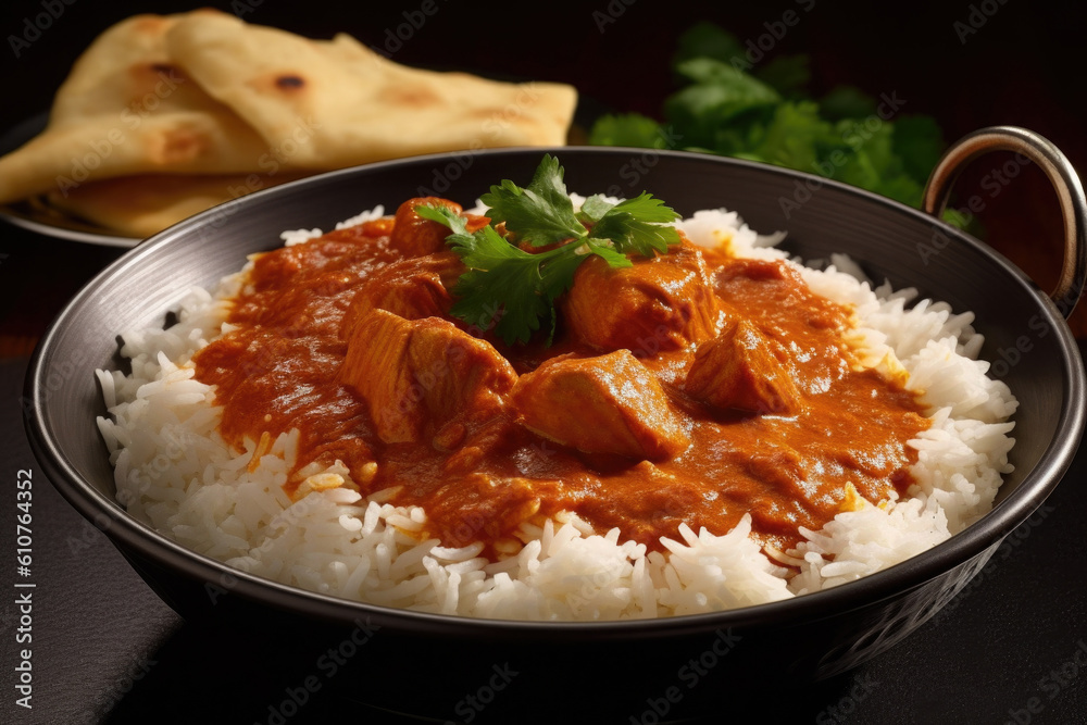 Curry chicken with rice in bowl. Traditional Indian cuisine. Oriental food. Created with Generative AI Curry chicken with rice in bowl. Traditional Indian cuisine. Oriental food. Created with Generative AI