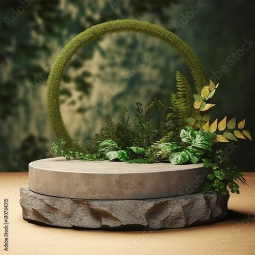 Enigmatic Elegance: Mesmerizing Photo Round Podium for Product Presentation, Abstract Blank Pedestal, and Platform for Captivating Product Display.