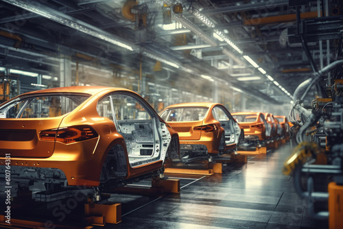 Car factory with robotic arms at assembly line. Automated vehicle conveyor welding car frames. Created with Generative AI © Lazy_Bear