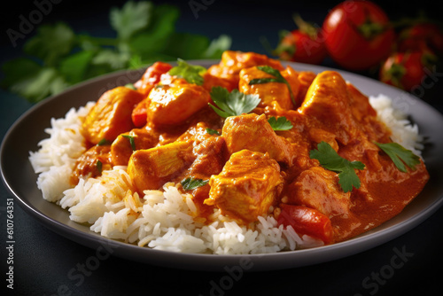 Curry chicken with rice in bowl. Traditional Indian cuisine. Oriental food. Created with Generative AI photo